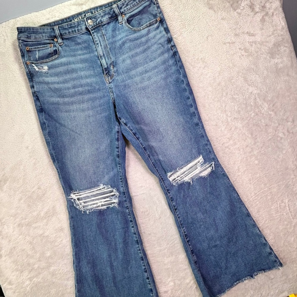 American Eagle Women Jeans 18 Blue Super High-Rise Flare Distressed Next Level